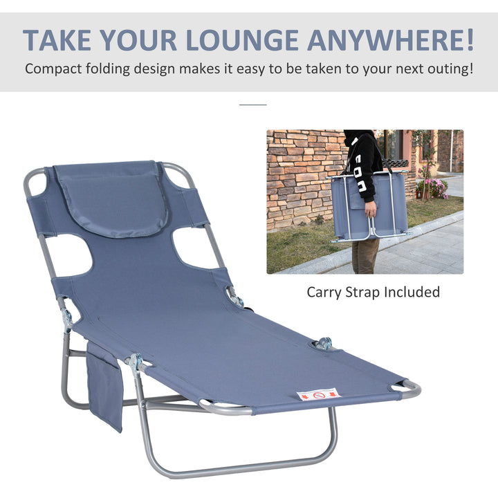 Beach Chaise Lounge with Face Cavity & Arm Slots, Portable Sun Lounger, Reclining Lounge Chair 5-position Adjustable Backrest Grey