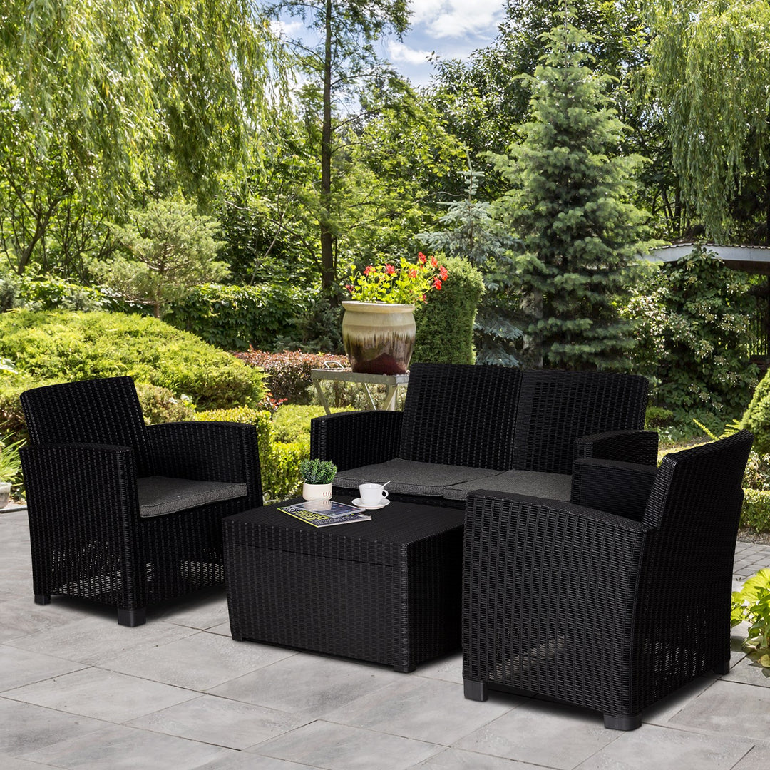 Garden PP Rattan Style Sofa Table Set 4 Seater Outdoor Patio 2 Single Chairs &amp; 1 Bench Conservatory Furniture Cushioned Black