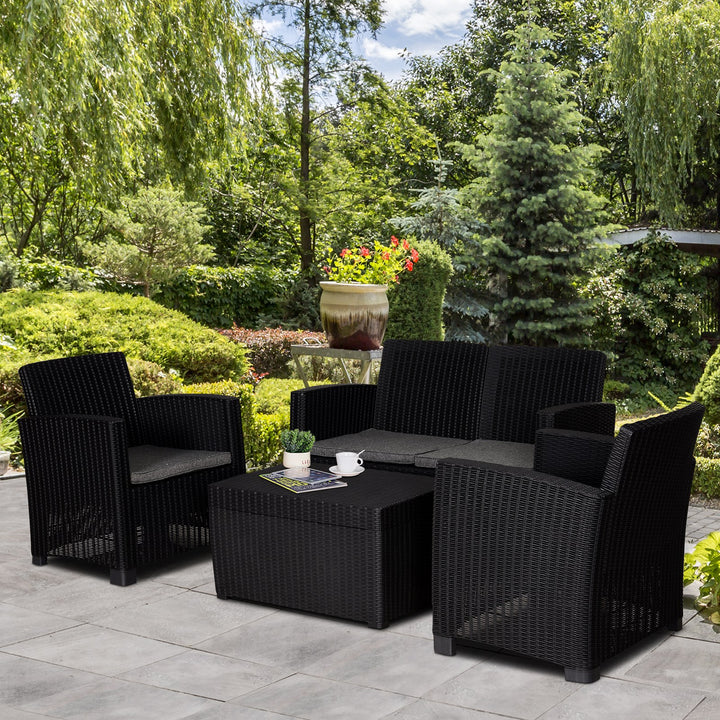 Garden PP Rattan Style Sofa Table Set 4 Seater Outdoor Patio 2 Single Chairs &amp; 1 Bench Conservatory Furniture Cushioned Black