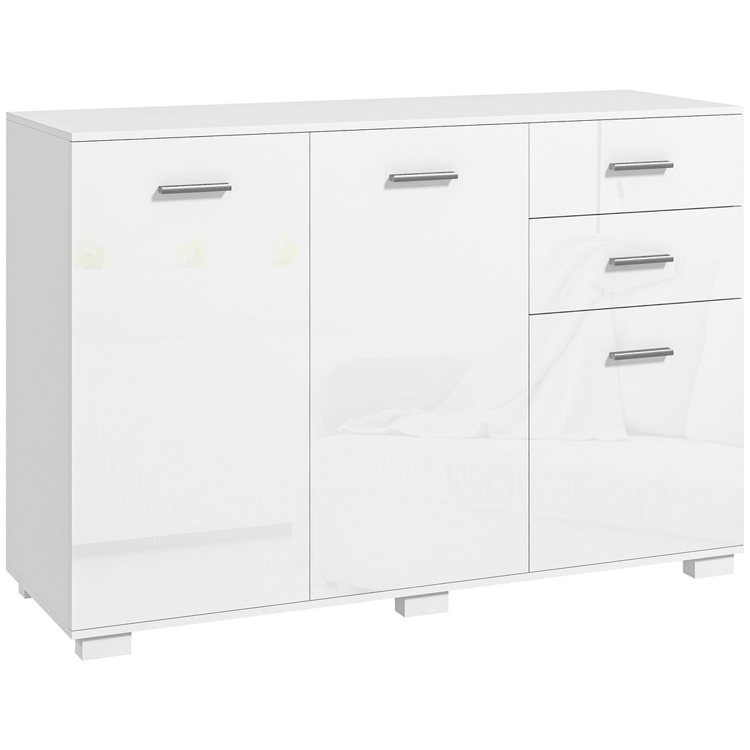 Sideboard, Modern Storage Cabinet with 2 Drawers, 3 Doors and Adjustable Shelves, Kitchen Cabinet for Living Room, Dining Room, High Gloss White