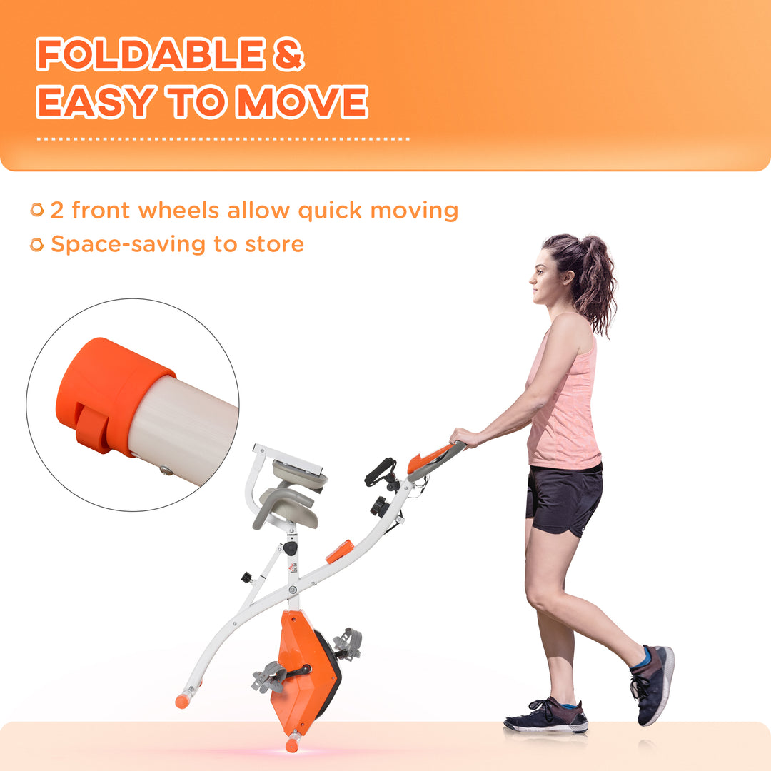 HOMCOM 2-in-1 Upright  Exercise Bike Stationary Foldable Magnetic Recumbent Cycling with Arm Resistance Bands Orange