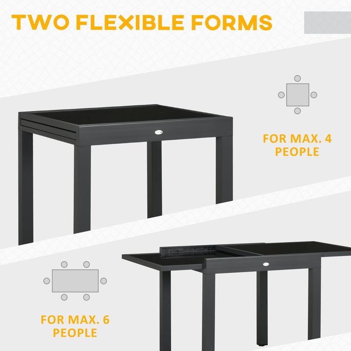 Extending Garden Table, Outdoor Dining Table with Aluminium Frame and Tempered Glass Tabletop, 80/160 x 80 x 75 cm, Black