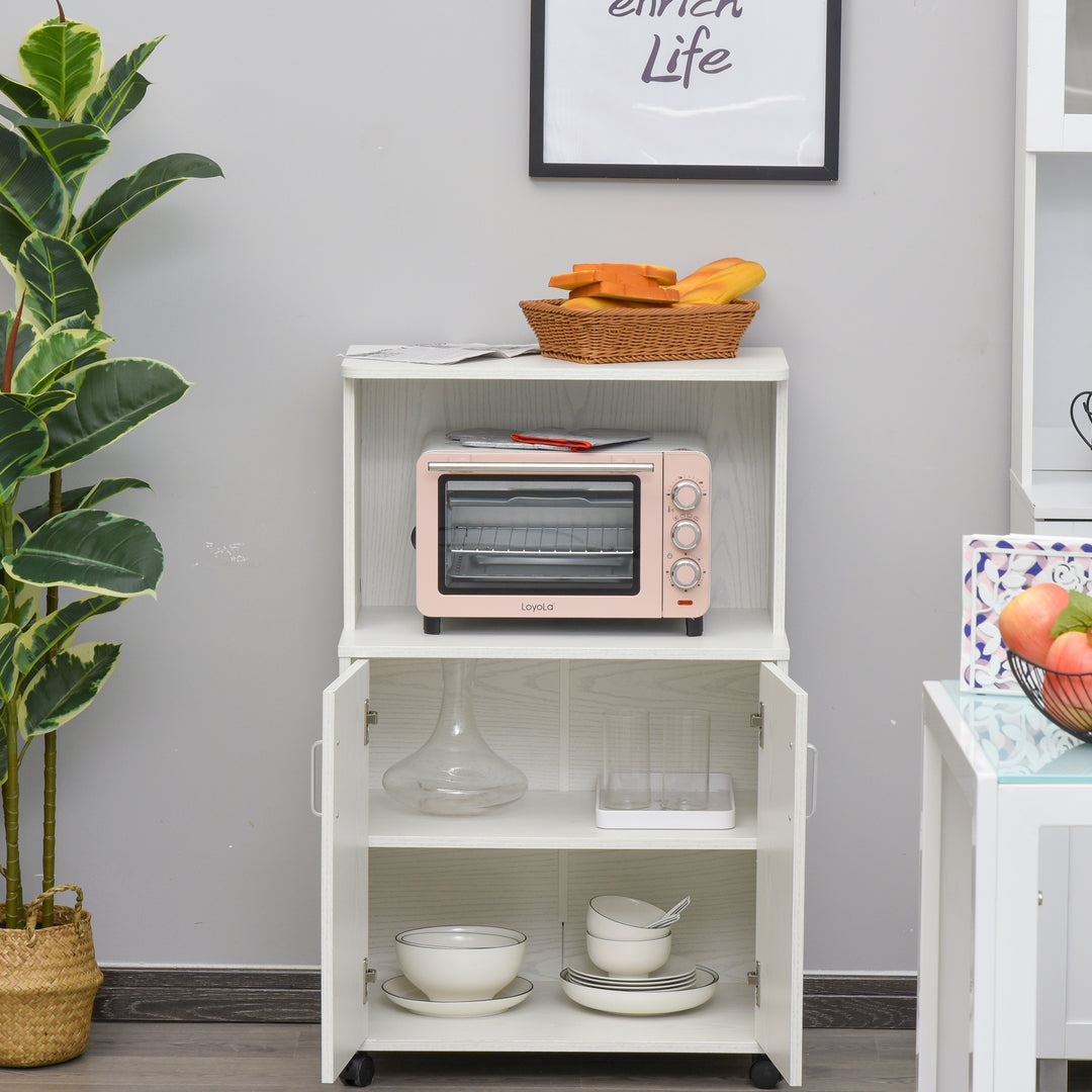 Microwave Cart on Wheels Utility Trolley Storage Sideboard Bookcase with 2-door Cabinet, 97H x 60.4W x 40.3Dcm, White