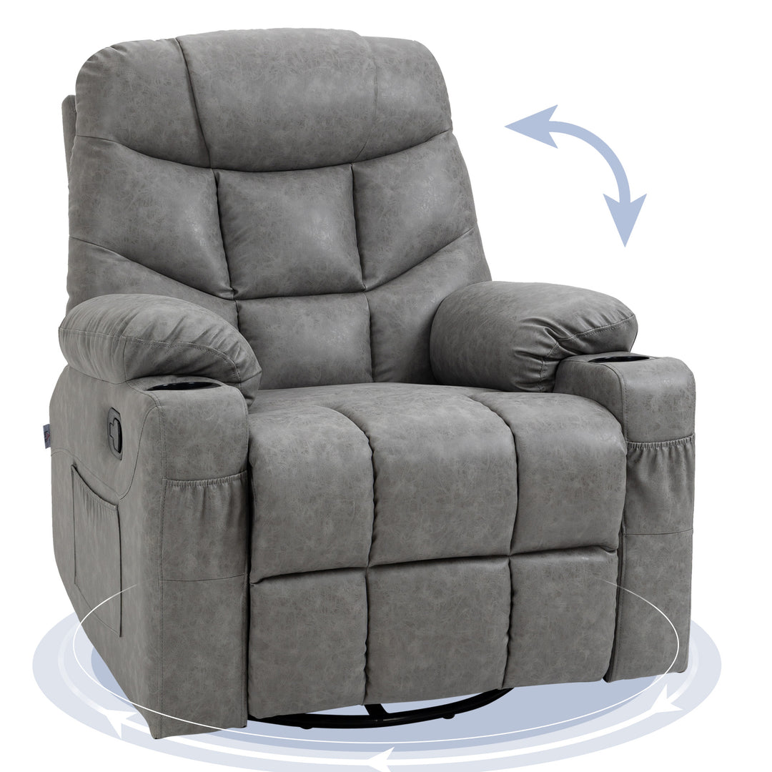 Manual Reclining Chair, Recliner Armchair with Faux Leather, Footrest, Cup Holders, 86x93x102cm, Grey