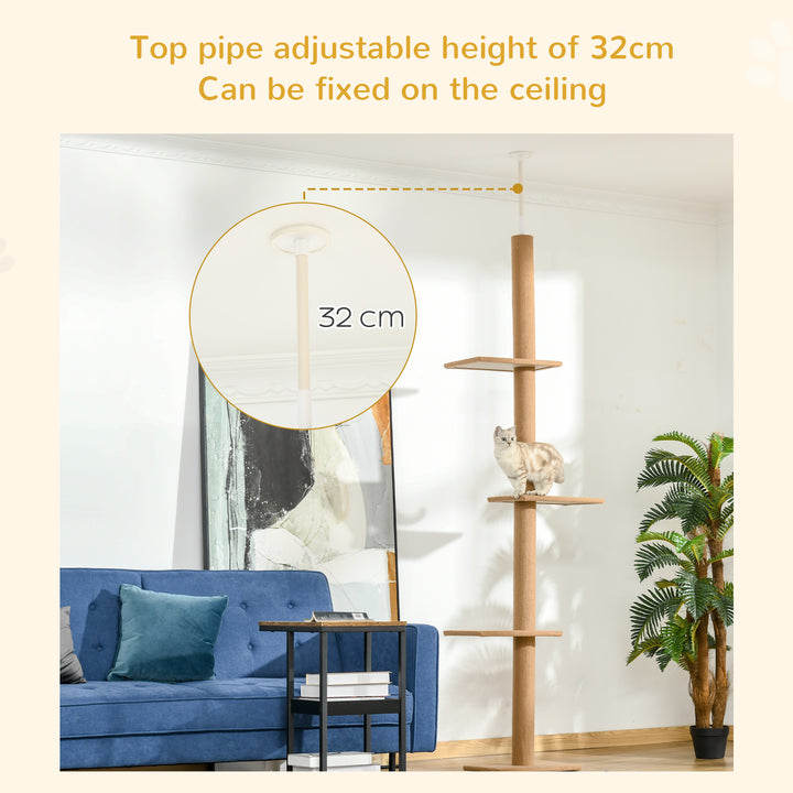 PawHut 260cm Floor To Ceiling Cat Tree w/ 3 Perches Flannel Upholstery Kitten Pet Rest Sleep Activity Tower Home Furniture Brown