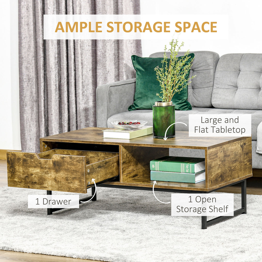HOMCOM Industrial Coffee table Wooden End Table with Shortage Shelf and Drawer Modern Sofa Table Metal Frame, Rustic Brown 106W x 48D x 43H cm