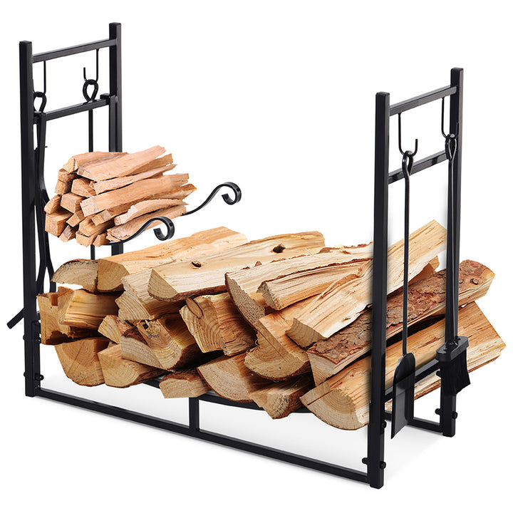 Outsunny Firewood Stand Log Rack Holder 84cm with 4-PC Fireplace Tools Set, Indoor Outdoor, Metal, Black