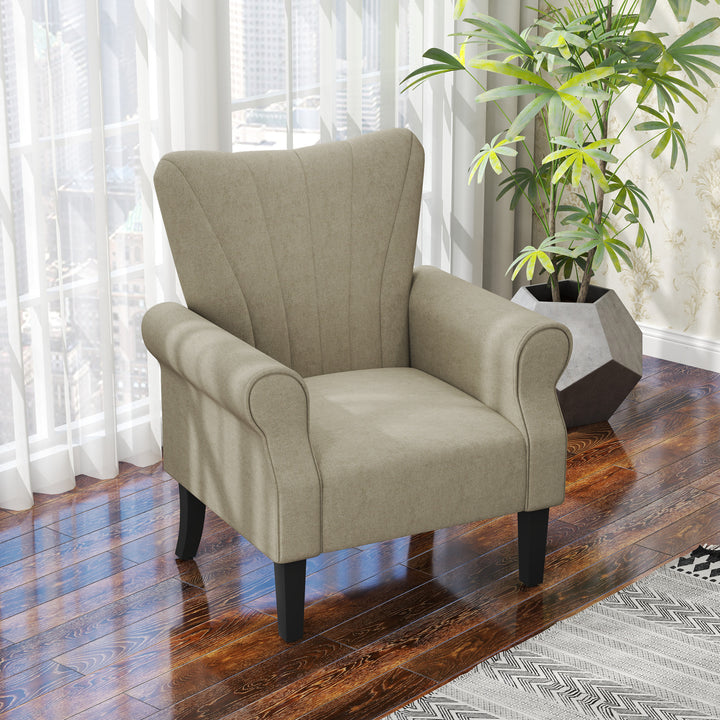 Upholstered Accent Chair with High Back, Rolled Arms and Wood Legs, Soft Thick Padded Armchair, Beige