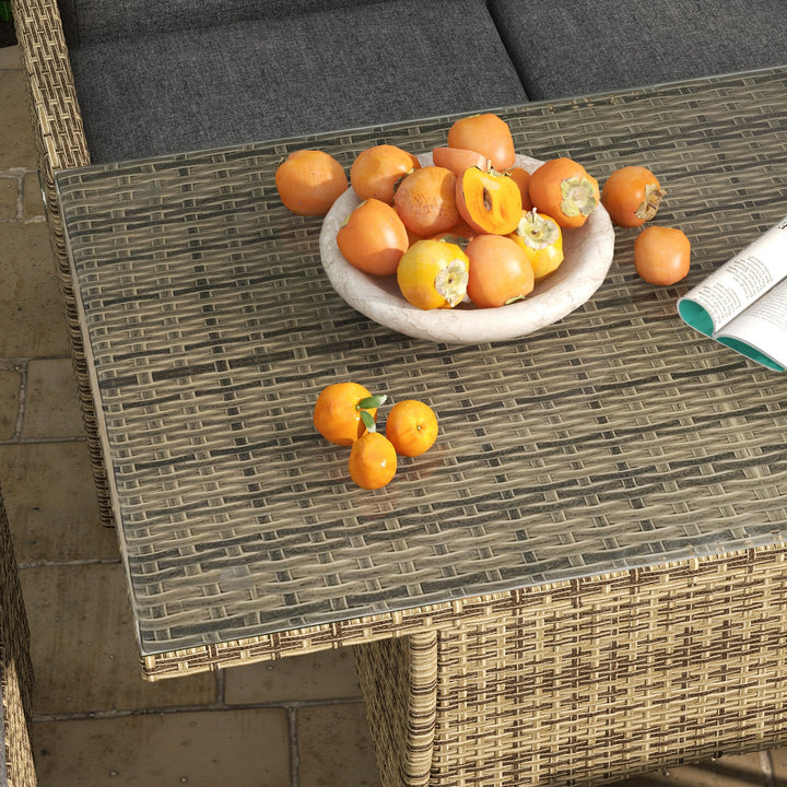 6 Pieces PE Rattan Dining Set, Patio Wicker Conversation Furniture, Tempered Glass Table-top Dining Table w/ Storage Layer, Mixed Grey