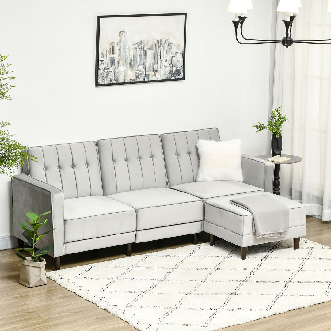 L Shape Sofa Bed Set with 3-Seater Sofa and Footstool, Corner Sofa Bed with Ottoman, Light Grey