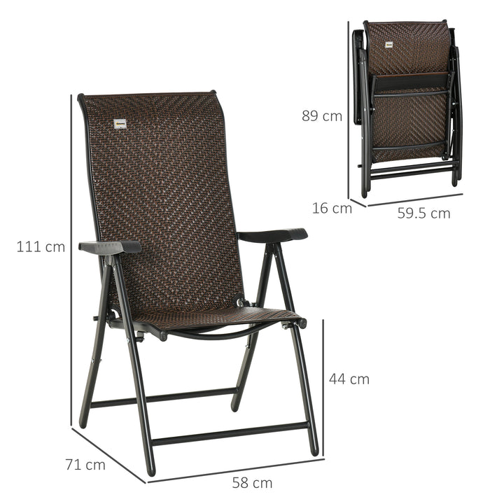 Set of 2 Outdoor Wicker Folding Chairs, Patio PE Rattan Dining Armrests Chair set with Adjustable Backrest, for Outdoors, Camping, Red Brown