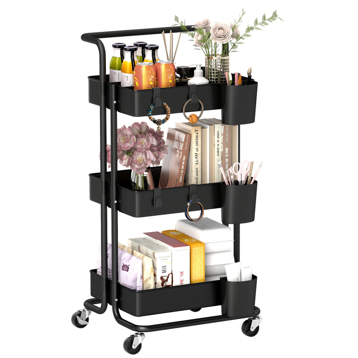 3 Tier Utility Rolling Cart, Kitchen Cart with 3 Removable Mesh Baskets, 3 Hanging Box, 4 Hooks and Dividers for Living Room, Laundry Black