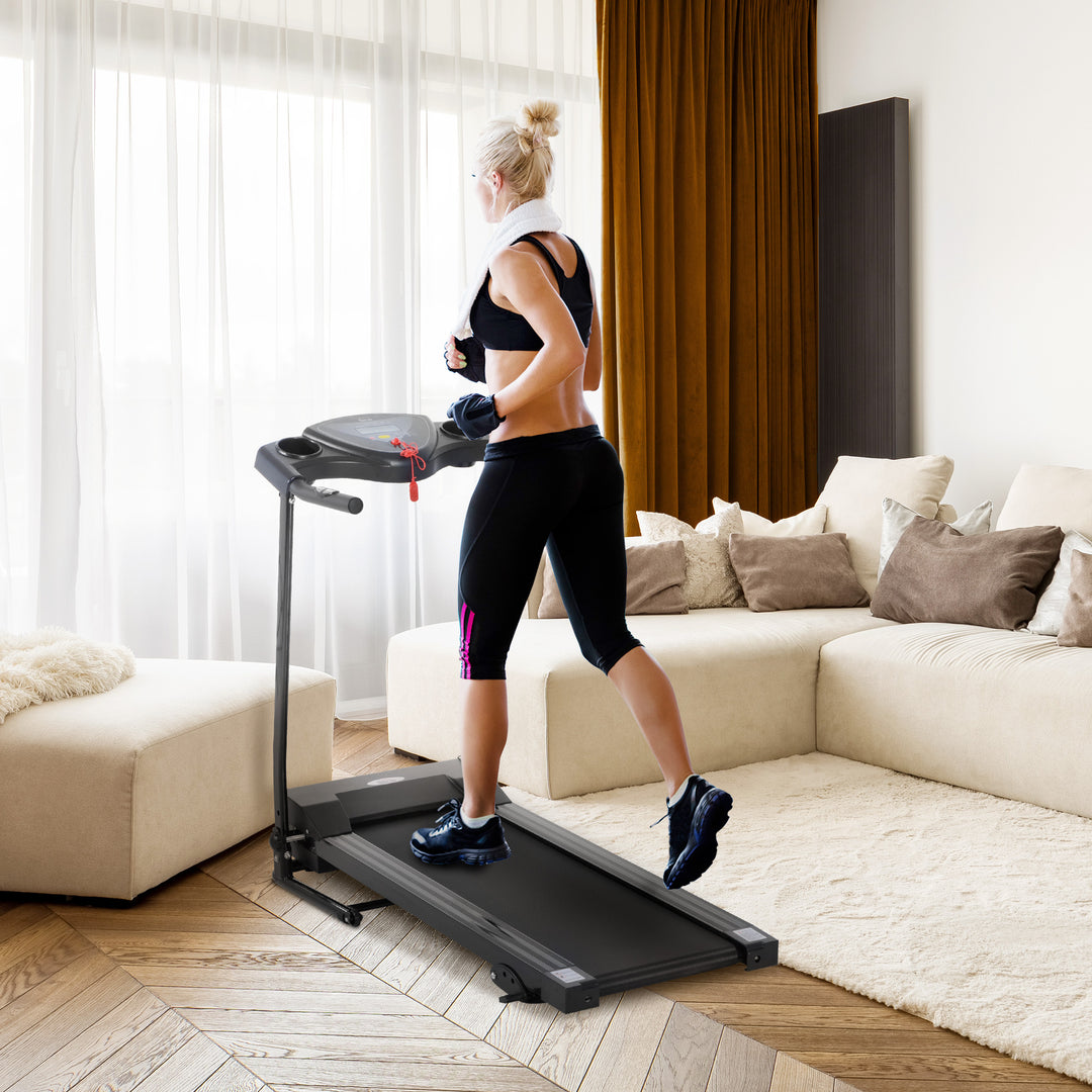 Foldable Motorised Treadmill Indoor Electric Adjustable Running Machine 3 Preset Programs w/ LCD Display, Cup Holders, Black