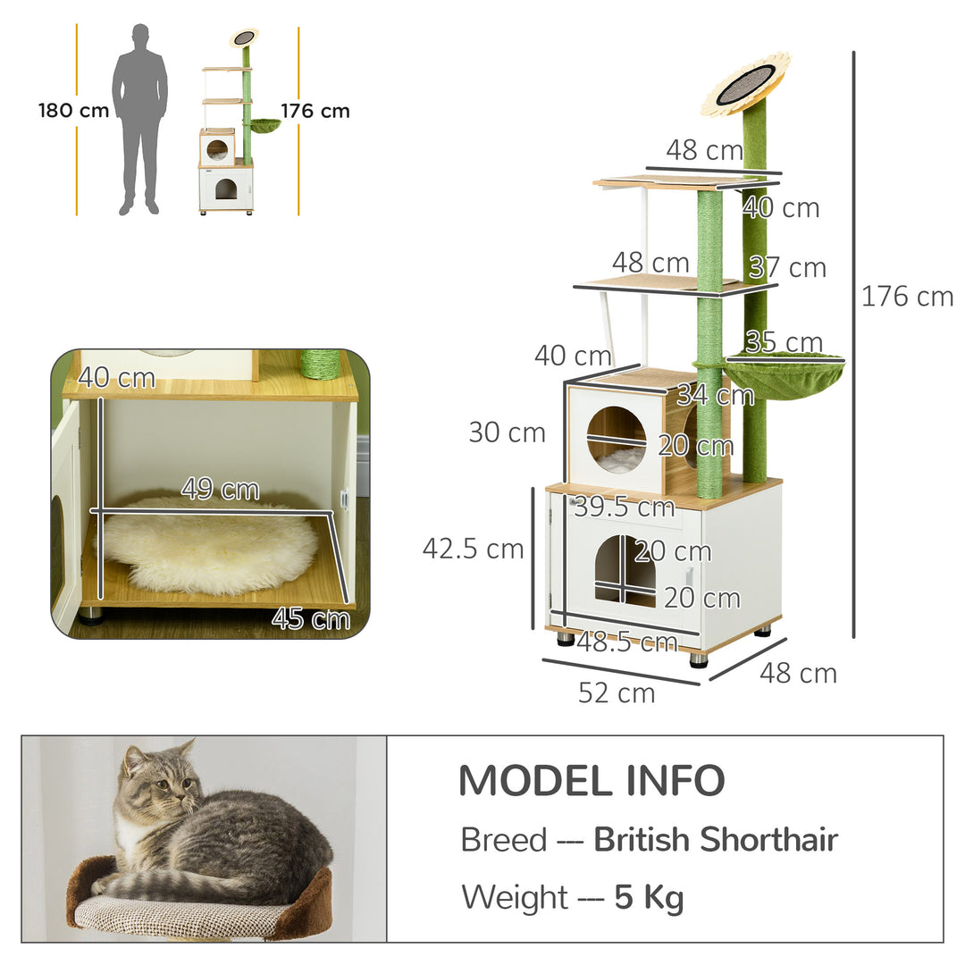 Cat Tree with Cat Litter Box for Indoor Cats, Cat Enclosure with Scratching Post, Cat Condo, Hammock, Platforms, Removable Cushions, Oak