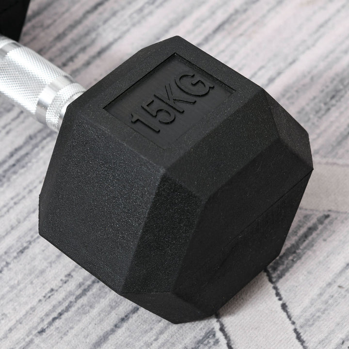 HOMCOM 15KG Single Rubber Hex Dumbbell Portable Hand Weights Dumbbell Home Gym Workout Fitness Hand Dumbbell