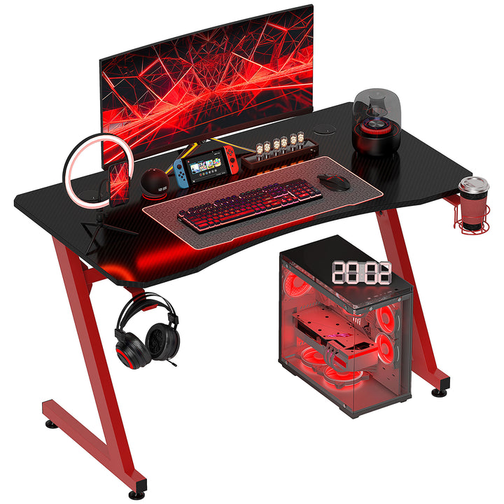 Gaming Desk Steel Frame w/ Cup Headphone Holder Adjustable Feet Cable Organiser Home Office Computer Table Red