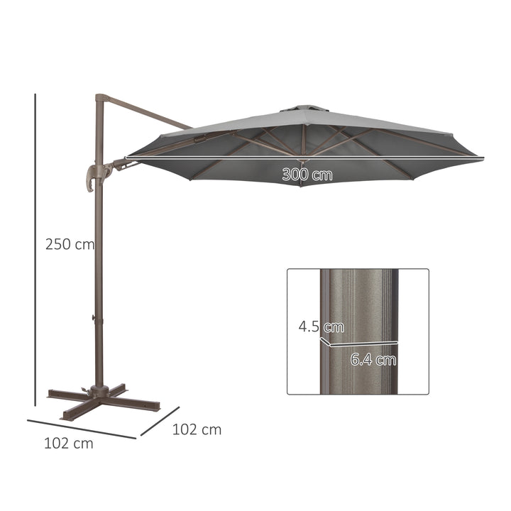 3(m) Cantilever Parasol 360° Rotation Roma Umbrella Hanging Sun Shade with Aluminum Frame, Tilt Crank, 8 Ribs and Cross Base, Dark Grey