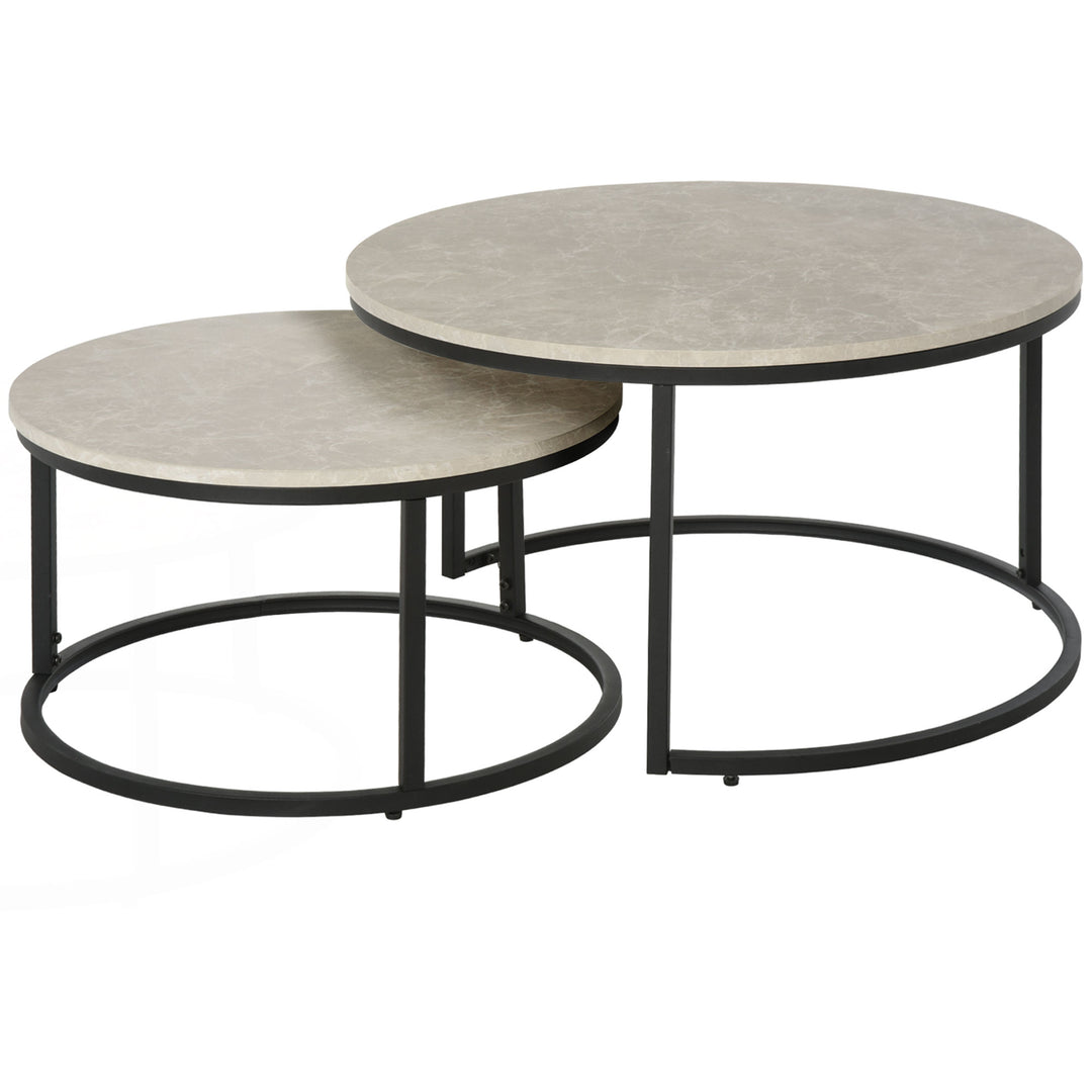 HOMCOM 2 Pcs Stacking Coffee Table Set w/ Steel Frame Marble-Effect Top Foot Pads Nest of Tables Storage Display Black/Grey