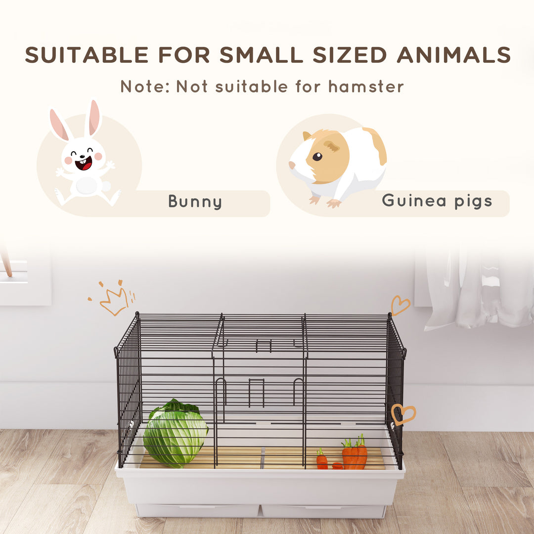 PawHut Indoor Small Animal Cage with Wood Floor, Bunny Guinea Pig House with Removable Tray, 61.5 x 38 x 40 cm, White