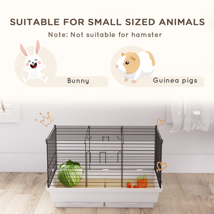 PawHut Indoor Small Animal Cage with Wood Floor, Bunny Guinea Pig House with Removable Tray, 61.5 x 38 x 40 cm, White