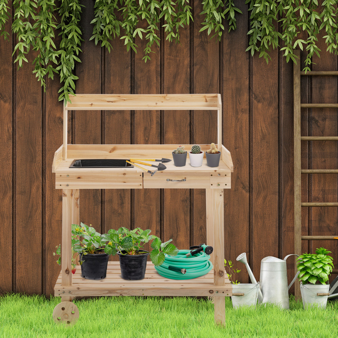 Outsunny Garden Potting Bench Table, Wooden Work Station, Outdoor Planting Workbench with 2 Wheels, Sink, Drawer & Large Storage Spaces, 92x45x119cm