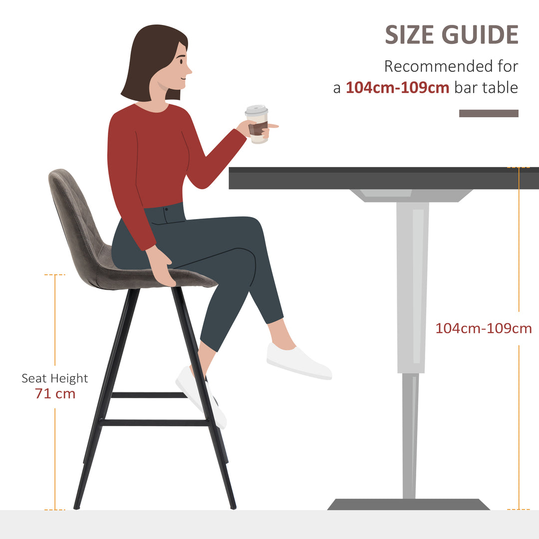 HOMCOM Set Of 2 Bar Stools Vintage Microfiber Cloth Tub Seats Padded Comfortable Steel Frame Footrest Quilted Home Kitchen Chair Stylish Dark Grey