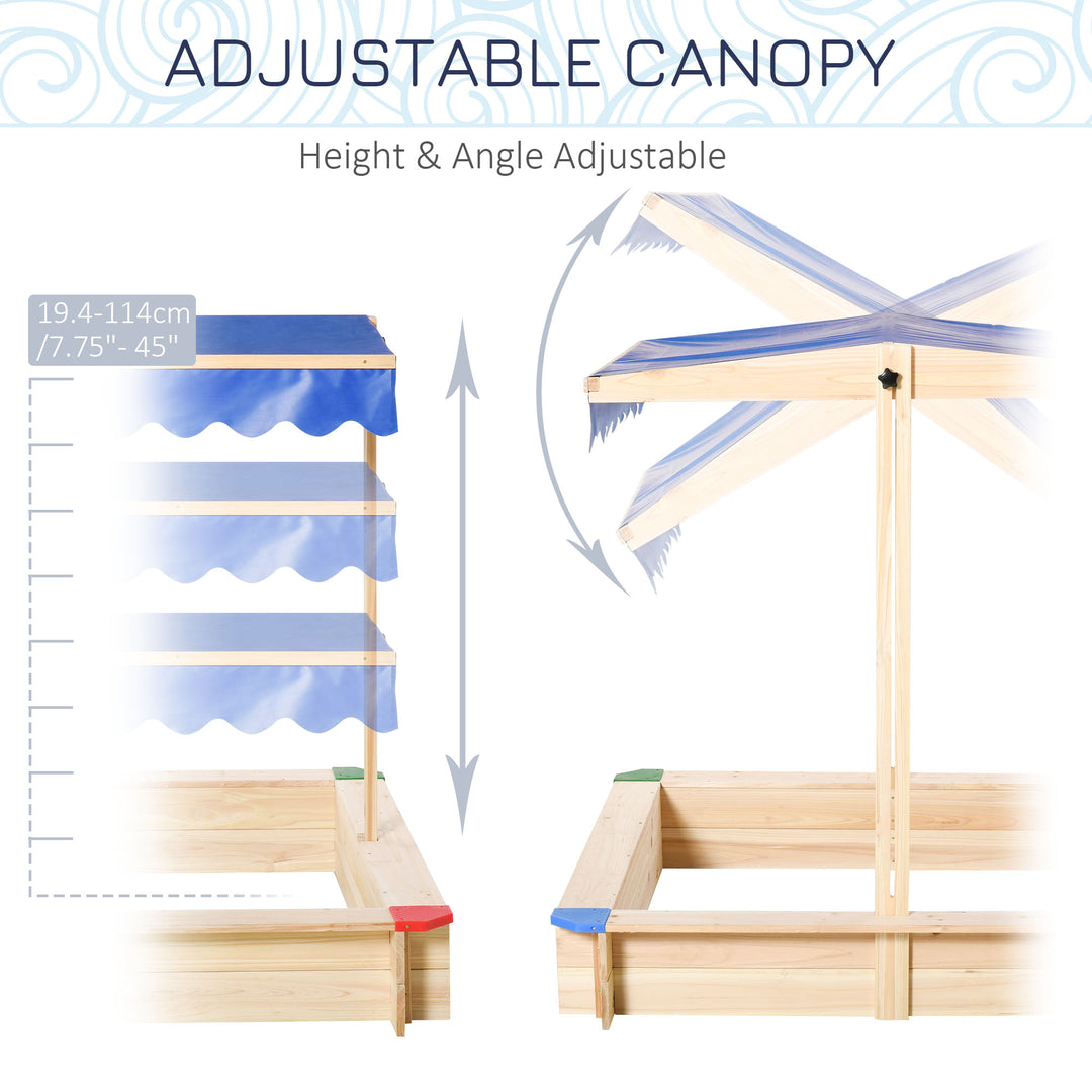 Kids Wooden Sandpit Children Cabana Square Sandbox Outdoor Backyard Playset Play Station Adjustable Canopy Bench Seat 120x120x120cm