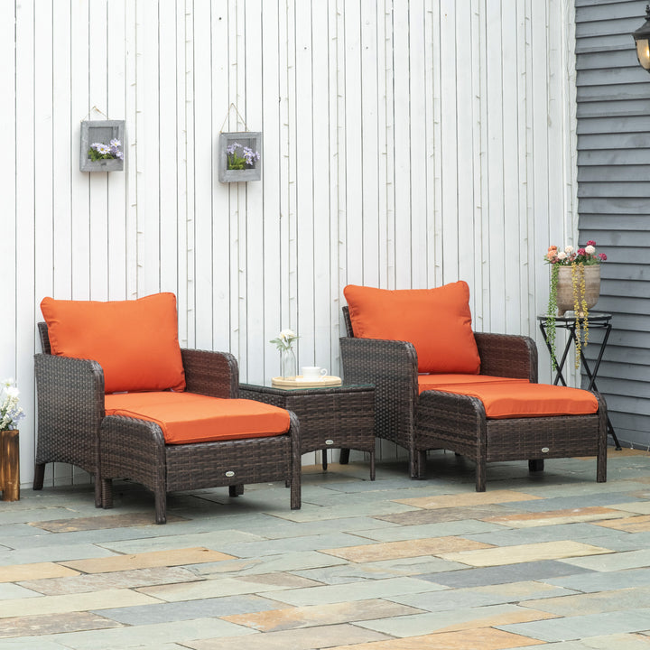 5 Pcs PE Rattan Garden Furniture Set, 2 Armchairs 2 Stools Glass Top Table Cushions Wicker Weave Chairs Outdoor Seating, Brown