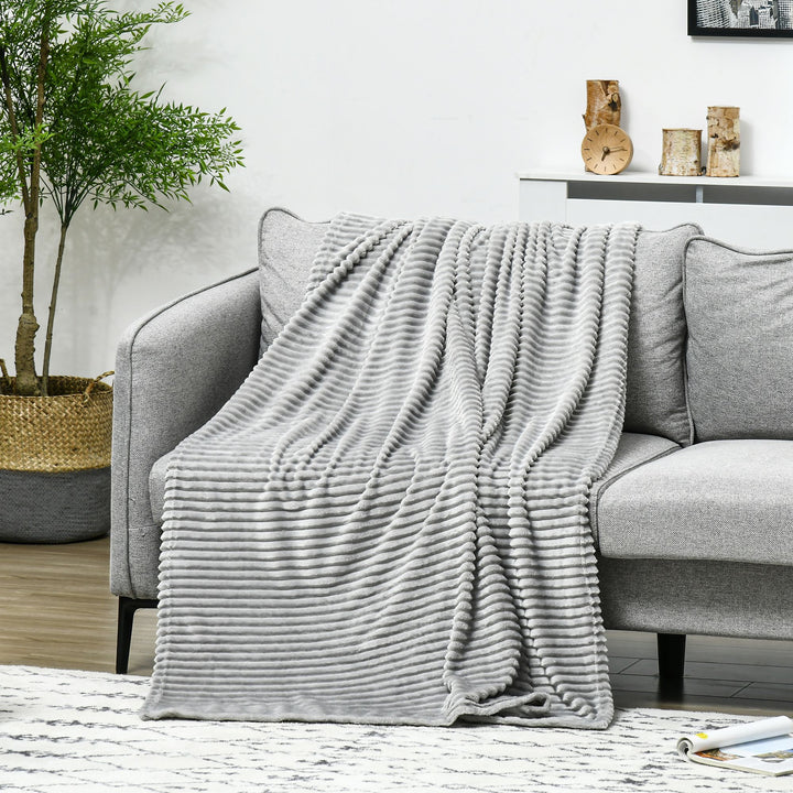 Flannel Fleece Throw Blanket, Fluffy Warm Flannel Blankets, Striped Reversible Travel Bedspread, Single Size, 152 x 127cm, Grey