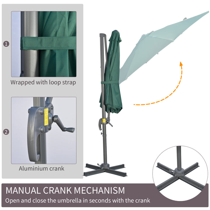 3 x 3(m) Cantilever Parasol with Cross Base, Garden Umbrella with 360° Rotation, Crank Handle and Tilt for Outdoor, Patio, Green