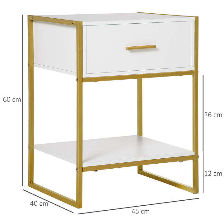 Modern Bedside Table, Bedside Cabinet with Drawer Shelf, Storage Organizer for Bedroom, Living Room, White and Gold