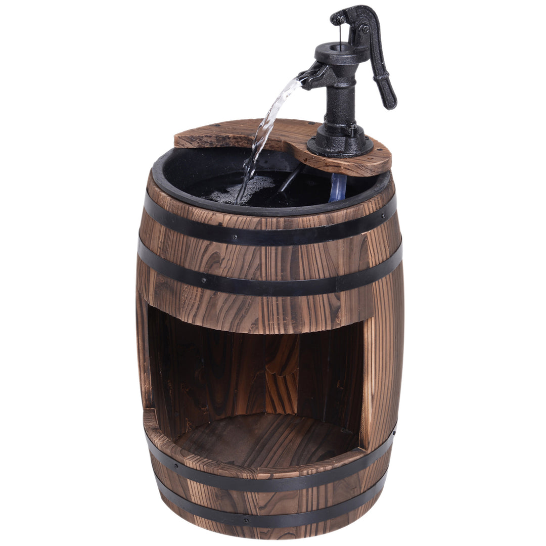 Wood Barrel Patio Water Fountain Electric Pump Garden Decorative Ornament with Flower Planter Decor