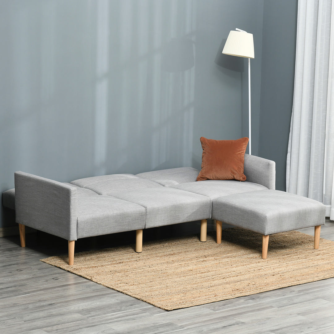 L Shape Sofa Bed Set, Linen Fabric Corner Sofa Bed with Rubber Wood Legs and Footstool, Light Grey