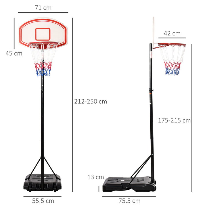 Portable Basketball Stand 175-215cm Adjustable Height Sturdy Rim Hoop w/ Large Wheels Stable Base Net Free Standing