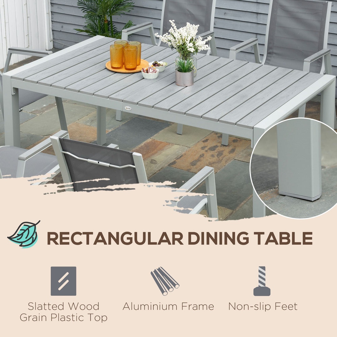 7 Pieces Garden Dining Set, Outdoor Table and 6 Armchairs, Aluminium Frame Slatted Wood Grain Plastic Top Table Mesh Fabric Seats Light Grey