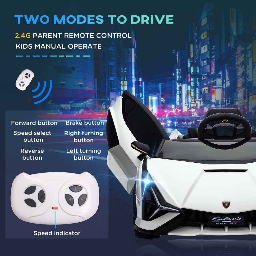 Compatible 12V Battery-powered Kids Electric Ride On Car Lamborghini SIAN Toy with Parental Remote Control Lights MP3 for 3-5 Years Old White