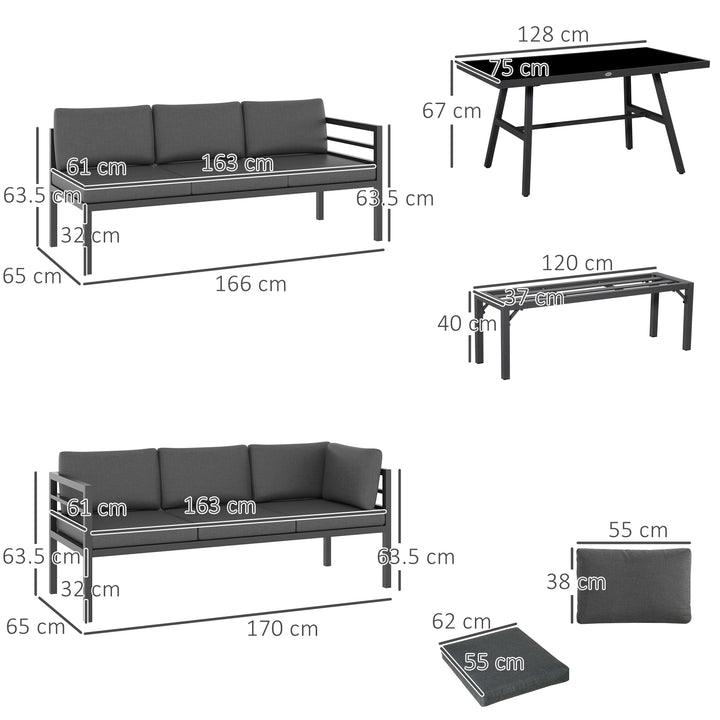 4 Piece L-shaped Garden Furniture Set 8-Seater Aluminium Outdoor Dining Set Conversation Sofa Set w/ Bench, Dining Table & Cushions, Grey