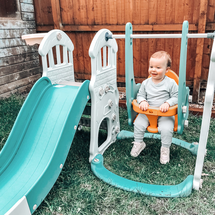 3 in 1 Kids Slide and Swing Set Playset Activity Center with Basketball Hoop Adjustable Height Water-fillable Base Toddler Climber Playground