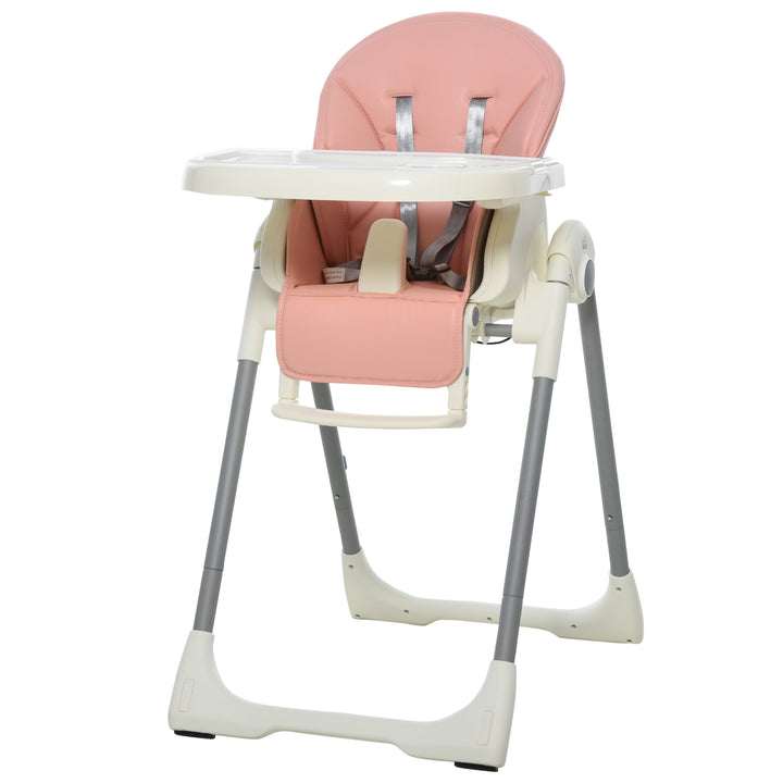 Foldable Baby High Chair Convertible to Toddler Chair Height Adjustable with Removable Tray 5-Point Harness Mobile with Wheels Pink