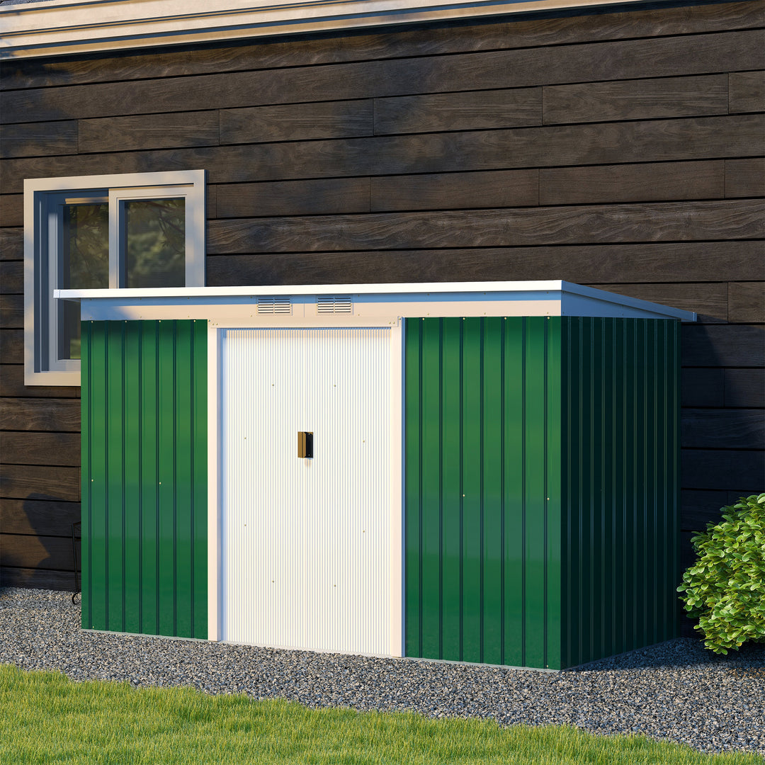 Outsunny 9ft x 4.25ft Corrugated Garden Metal Storage Shed Outdoor Equipment Tool Box with Foundation Ventilation & Doors Deep Green