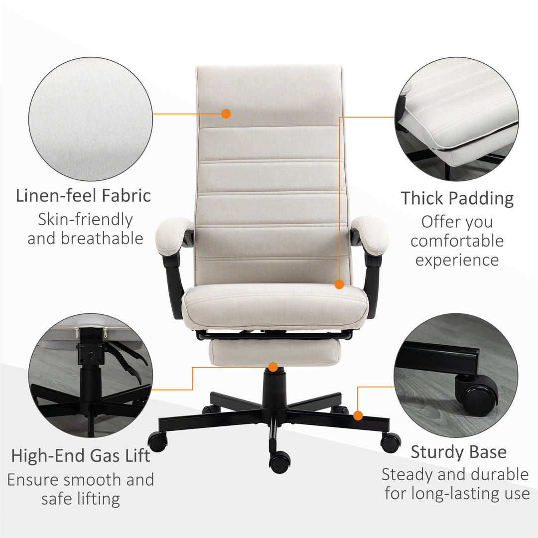 High-Back Home Office Chair, Linen Swivel Reclining Chair with Adjustable Height, Footrest and Padded Armrest for Living Room Cream White