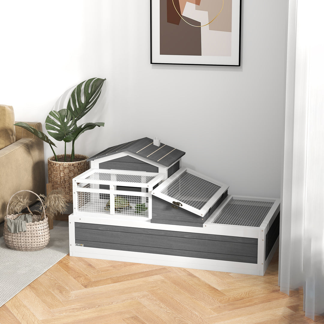 3-Room Tortoise House Habitat w/ Balcony &amp; 2 Stories, Wooden Tortoise Enclosure with Ladder, Tray, Openable Roof