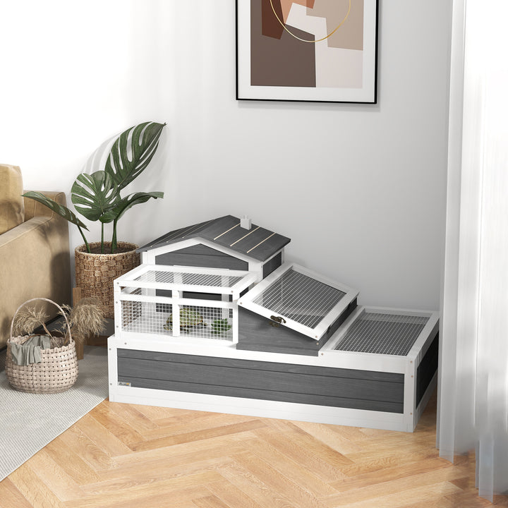 3-Room Tortoise House Habitat w/ Balcony &amp; 2 Stories, Wooden Tortoise Enclosure with Ladder, Tray, Openable Roof