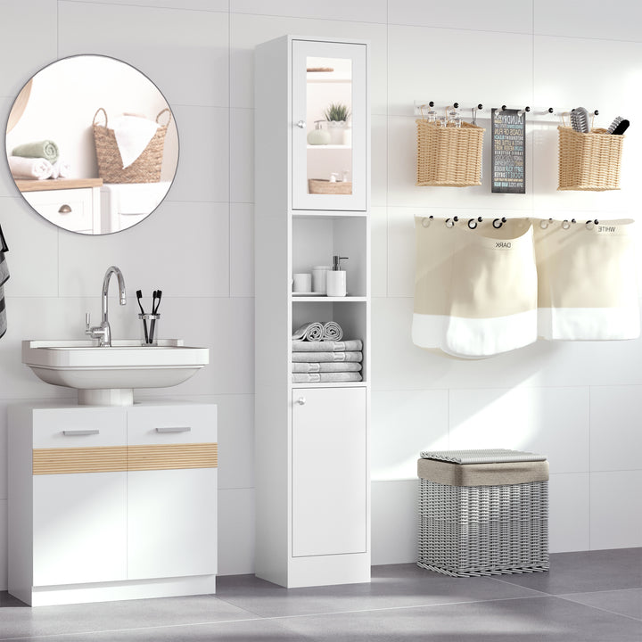 Tall Bathroom Storage Cabinet with Mirror, Freestanding Floor Cabinet Tallboy Unit with Adjustable Shelves, White