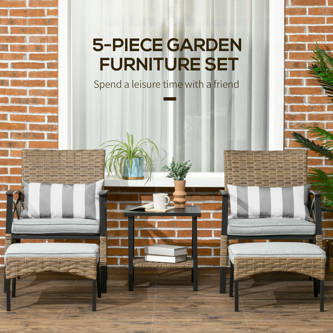 5 Piece PE Rattan Garden Furniture Set, 2 Armchairs, 2 Stools, Steel Tabletop with Wicker Shelf, Padded Outdoor Seating, Grey