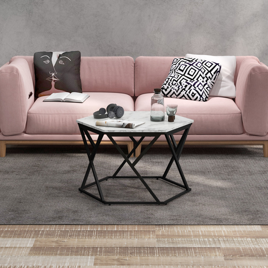 Coffee Table with High Gloss Marble Tabletop, Modern Cocktail Table with Steel Frame for Living Room, White