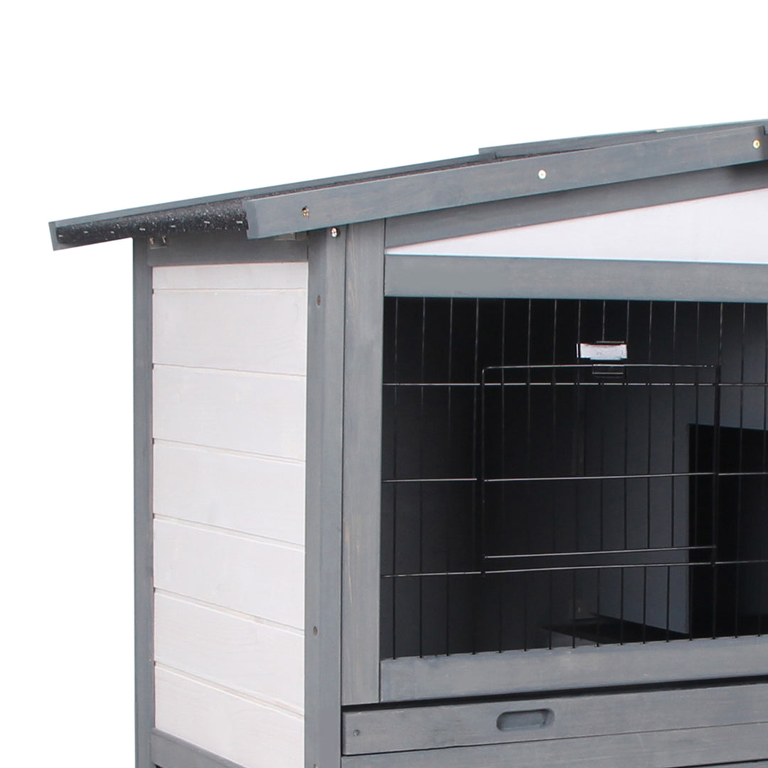 2 Tier Wooden Rabbit Hutch Small Animal Cage Slide Out Tray Ramp Outdoor Run Openable Roof Grey 101.5 x 90 x 100 cm