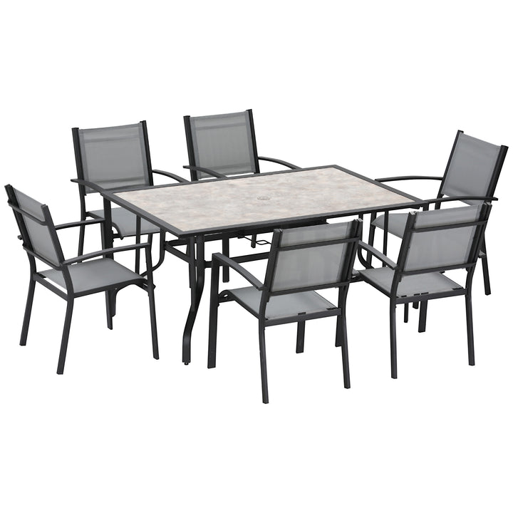 7 Piece Garden Dining Set, Armchairs and Table with Parasol Hole, 6 Seater Outdoor Patio Furniture with Texteline Seat for Backyard, Grey