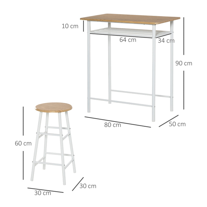 Bar Table Set, Bar Set-1 Bar Table and 2 Stools with Metal Frame Footrest and Storage Shelf for Kitchen, Dining Room, Pub, Cafe, White and Oak