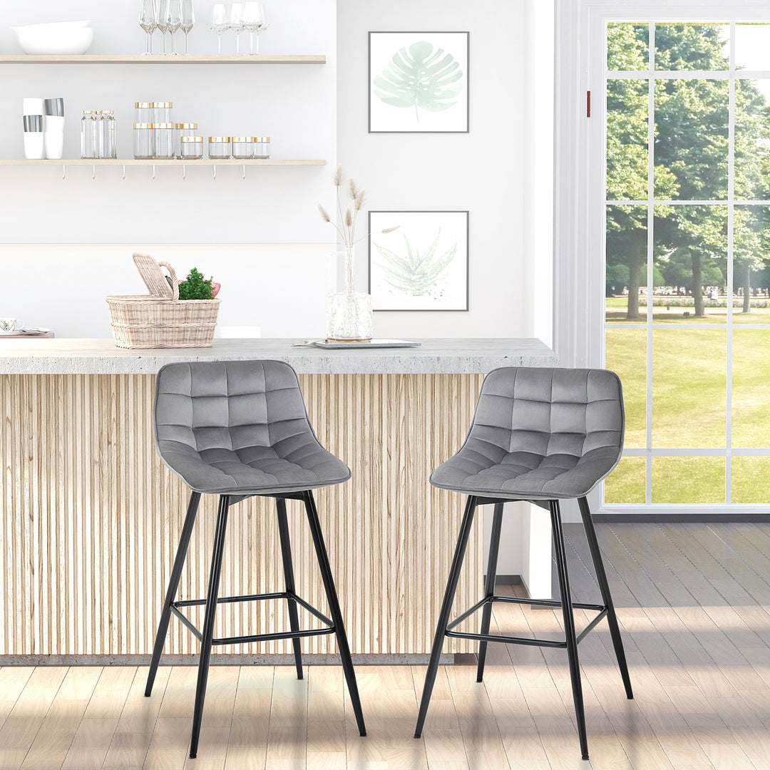 Set of 2 Bar stools With Backs Velvet-Touch Dining Chairs Kitchen Counter Chairs  Fabric Upholstered seat with Metal Legs, Backrest, Grey